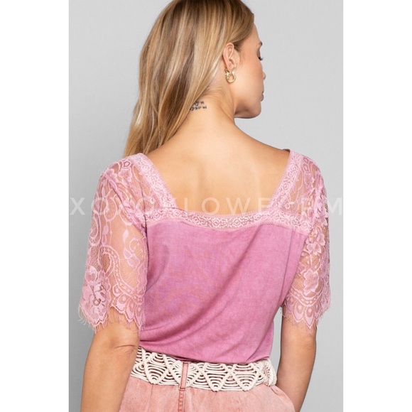 1 S POL Pinky Buttery Soft Lace Sleeve V Neck Tee - Picture 8 of 15